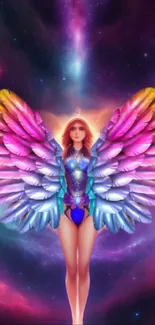 Fantasy art with colorful wings against cosmic background.