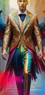 Vibrant winged character in ornate colorful suit.