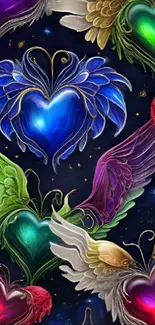 Colorful winged hearts on dark wallpaper