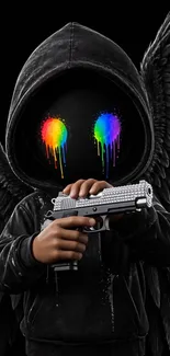Hooded figure with rainbow eyes and wings holding a metallic gun.