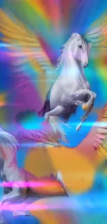 Vibrant wallpaper of winged horses with colorful rainbow hues.