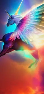 Colorful winged unicorn soaring through vibrant clouds.