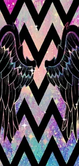 Abstract galaxy wallpaper with black wings on a pink chevron pattern.