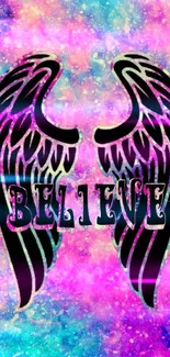 Colorful wings with 'Believe' text on galaxy background wallpaper.