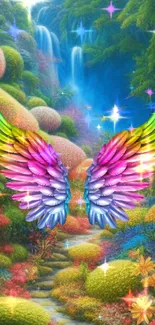 Colorful wings in a fantasy forest with sparkling stars.