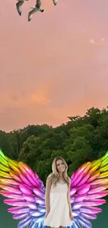 Woman with colorful wings in a scenic backdrop with pastel sky and trees.