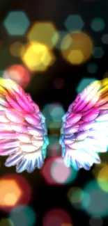 Colorful angel wings with a vibrant bokeh background.