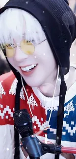 Person wearing colorful winter sweater and headphones, smiling.