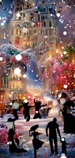 Colorful winter village scene with silhouettes and glowing lights.