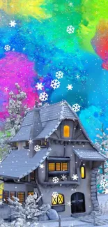 Vibrant snowy house winter wallpaper with colorful abstract sky.