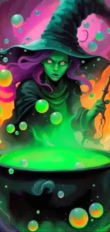 Illustration of a witch with a glowing cauldron and vibrant colors.