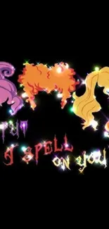 Vibrant witch silhouettes with glowing text on a black background.