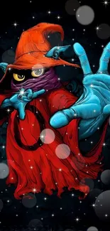 Vibrant wizard illustration with red robe and blue hand casting magic.