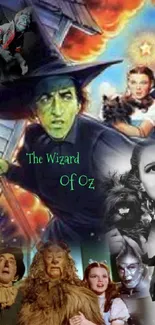 Wizard of Oz characters collage with colorful background.