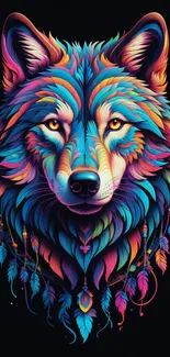 Colorful wolf design with feathers on a black background.