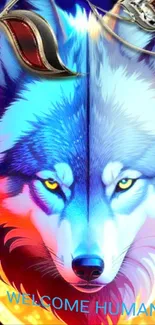 Vibrant colorful wolf digital art for mobile screen.