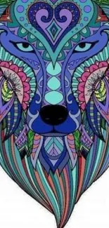 Colorful wolf artwork with intricate patterns and vibrant colors.