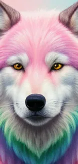 Colorful artistic wolf with pink and rainbow hues on mobile wallpaper.