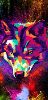 Colorful and artistic wolf head in vibrant colors with a multicolor splash background.