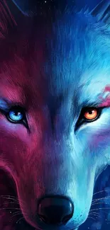 Colorful wolf face with blue and magenta hues on a starry background.