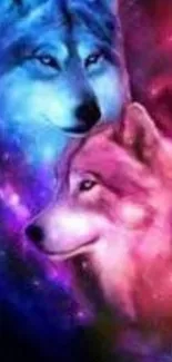 Colorful wolves in cosmic galaxy scene with vivid blues and purples.