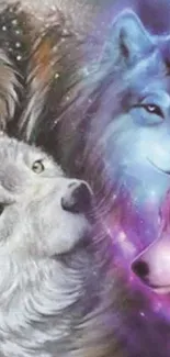 Fantasy art depicting colorful wolves in a mystical and vibrant design.