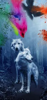 Majestic wolves with colorful splashes in a mystical forest setting.