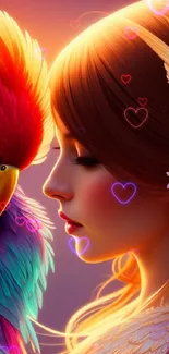 Colorful digital art of a woman and parrot with vibrant orange hues.