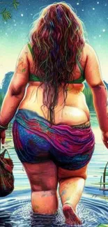 Artwork of a woman in nature with vibrant colors.