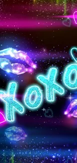 Neon 'XOXO' with colorful hearts and lips on black background.