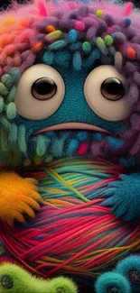 Colorful yarn-covered monster holding bright wool.