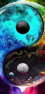 Vibrant Yin Yang wallpaper with colorful cosmic elements.