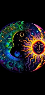 Colorful yin yang with sun and moon on black background.