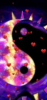 Colorful Yin Yang wallpaper with hearts and vibrant cosmic background.