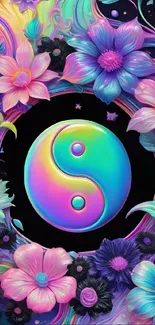 Colorful yin yang symbol with flowers