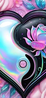 Colorful yin yang heart with floral elements.