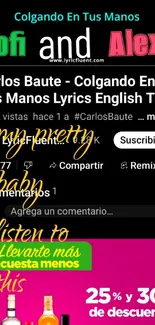 Colorful YouTube music wallpaper with Spanish lyrics and promotional text.