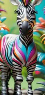 Colorful zebra with vibrant flowers mobile wallpaper.