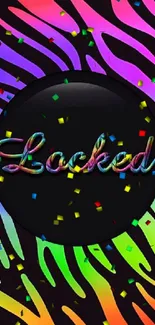 Vibrant zebra pattern wallpaper with colorful 'Locked' text.