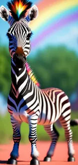 Colorful zebra with rainbow background, vibrant mobile wallpaper.