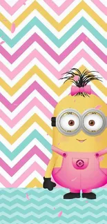 Cute cartoon character on colorful zigzag background.