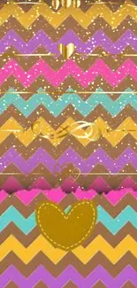 Colorful zigzag pattern with gold hearts on phone wallpaper.