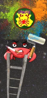 Zodiac crab painting colorful cosmic backdrop on a ladder.