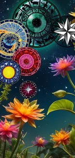 Celestial zodiac wheel with vibrant flowers under a starry night sky.