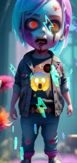 Colorful zombie cartoon character with neon effects.