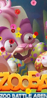 A colorful cartoon rabbit holding Easter eggs in Zoo Battle Arena theme.