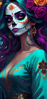 Day of the Dead art with colorful face paint and flowers.