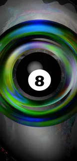 Colorful 8-ball illusion with vivid swirls on a mobile wallpaper.