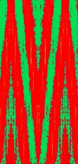 Vibrant red abstract patterned wallpaper with green accents for mobile screens.