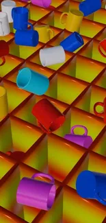 Colorful ceramic mugs on a vibrant grid background.